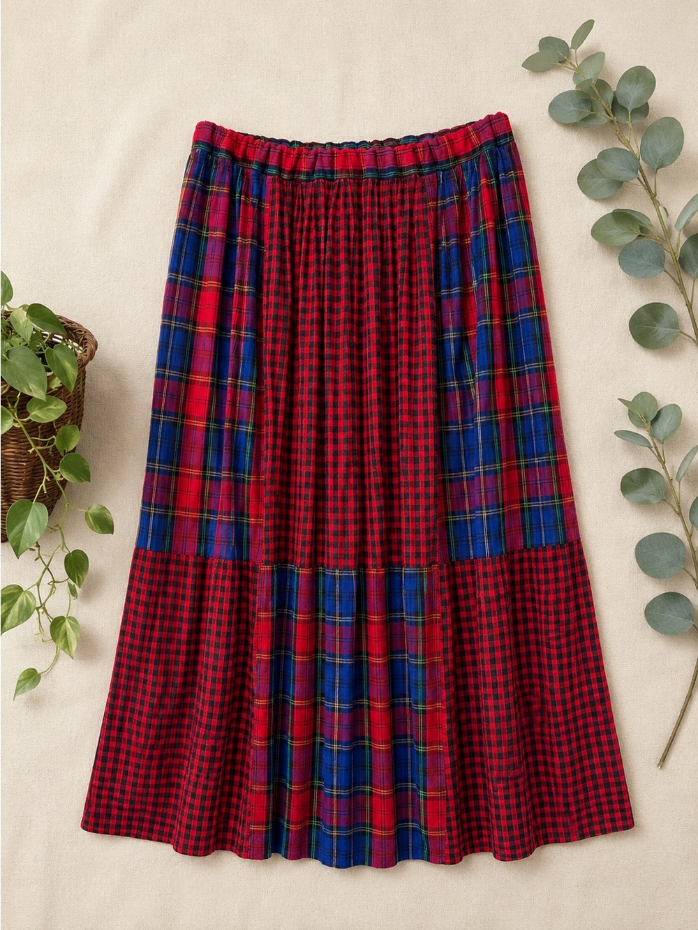 Vintage Patchwork Plaid Midi Skirt Red Blue Cottagecore Size M